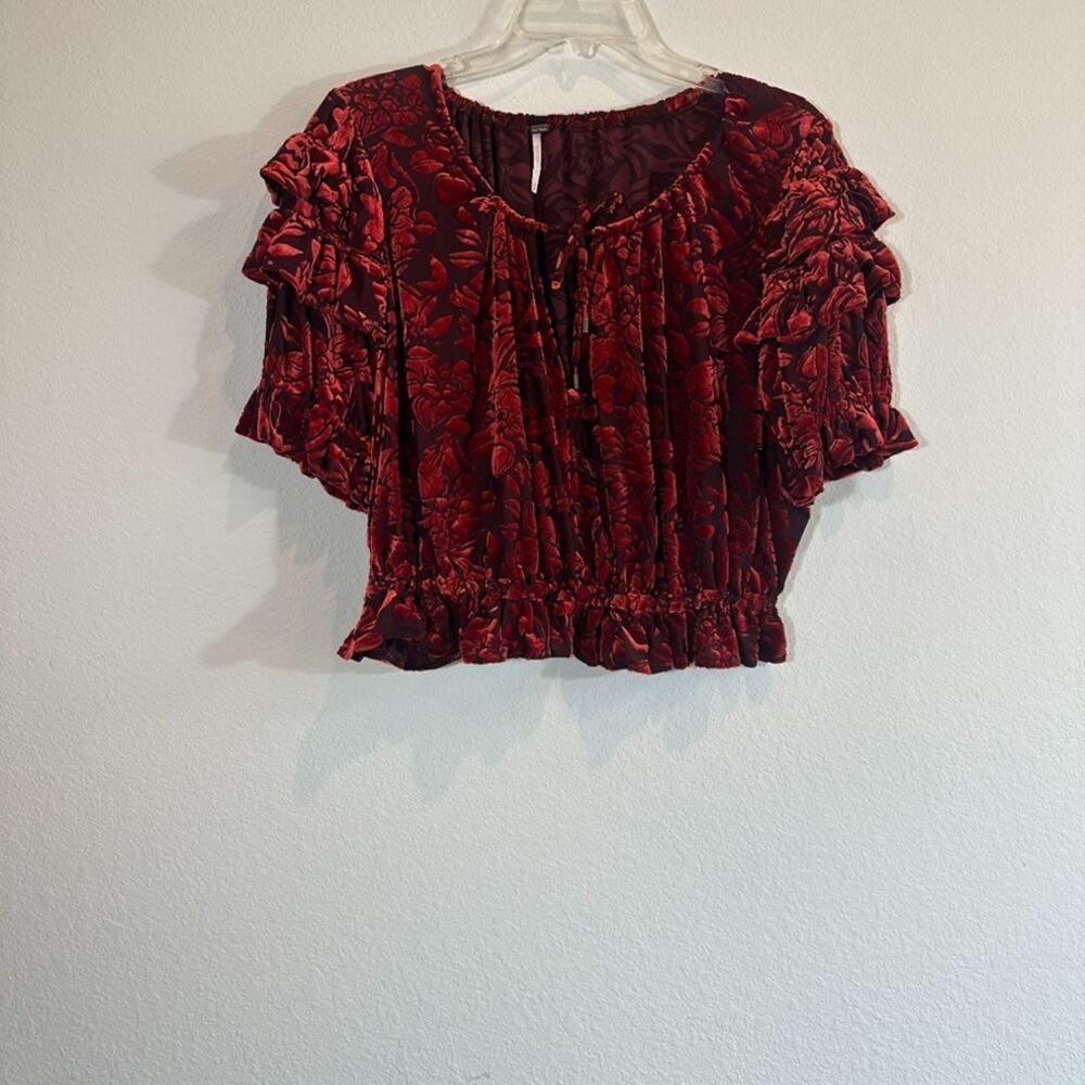 Free People Red Velvet Peasant Top Sz M Boho Whimsigoth Blouse Puff Sleeve Indie - Picture 8 of 9